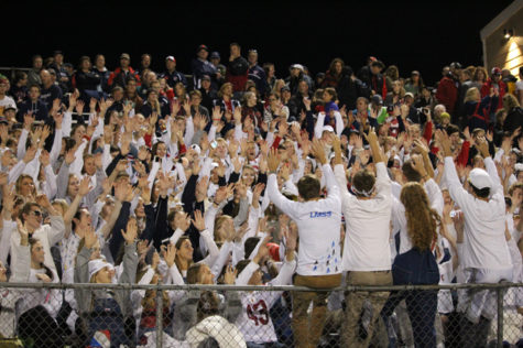 The fan section does the roller coaster cheer at the Homecoming game.
